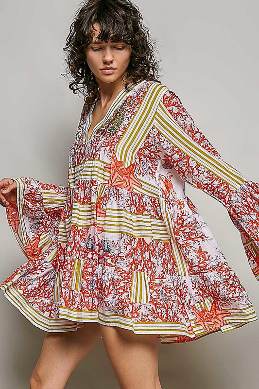 POL Striped Floral Long Sleeve Mini Dress with Pintuck Detail-1
