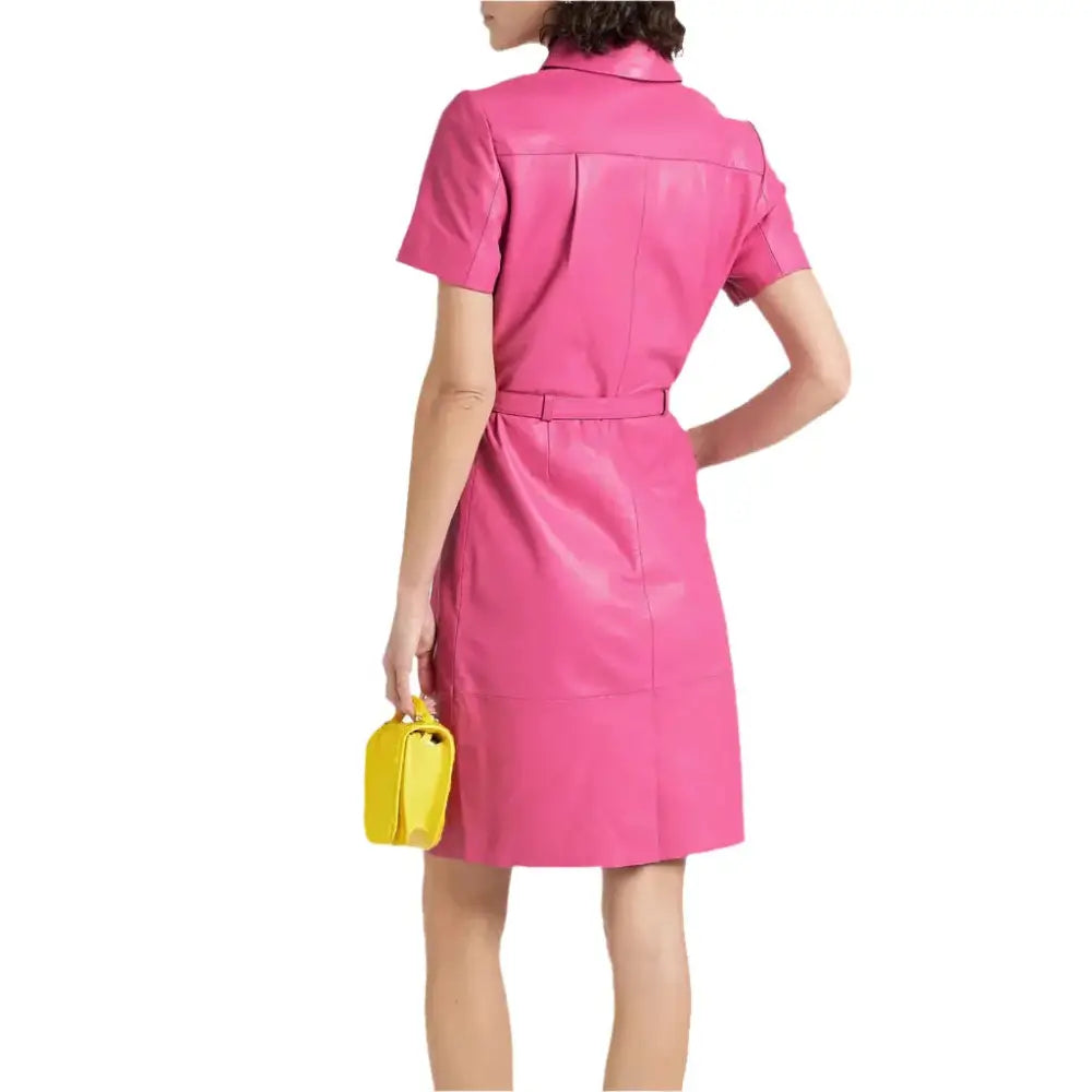 Women's Elegant Pink Leather Shirt Dress-1