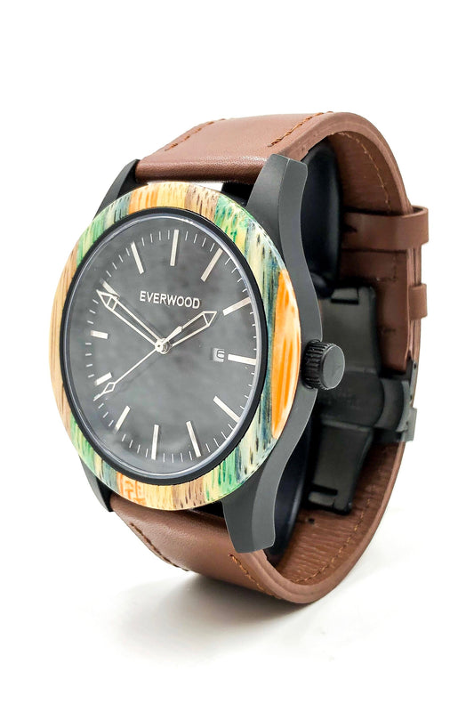 Inverness bamboo wooden watch with black dial and brown leather strap, image 2 of 5