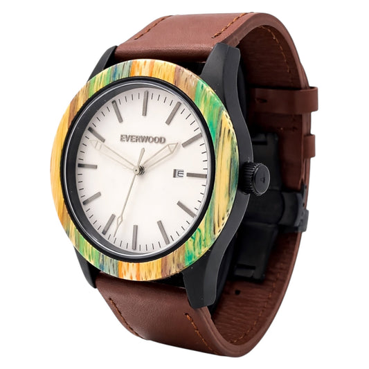 Inverness bamboo wooden watch with white dial and brown leather strap, angled view