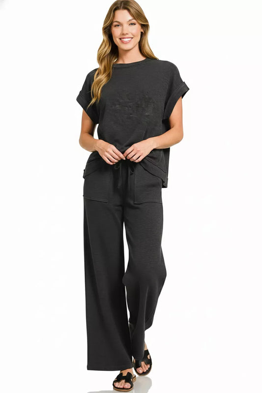 Zenana Cotton Slub Short Sleeve Tee and Pants Set-1