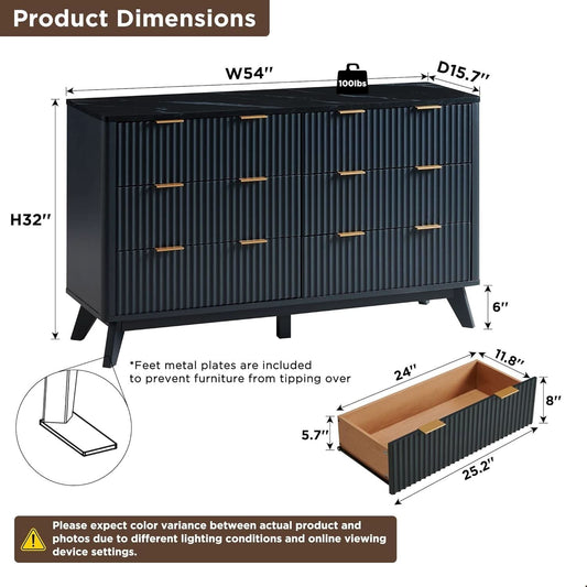 54 Inch Fluted Dresser With Dark Gray Faux Marble Top-1