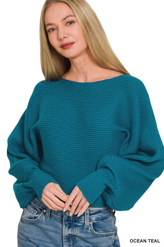 Zenana Boat Neck Balloon Sleeve Sweater-1
