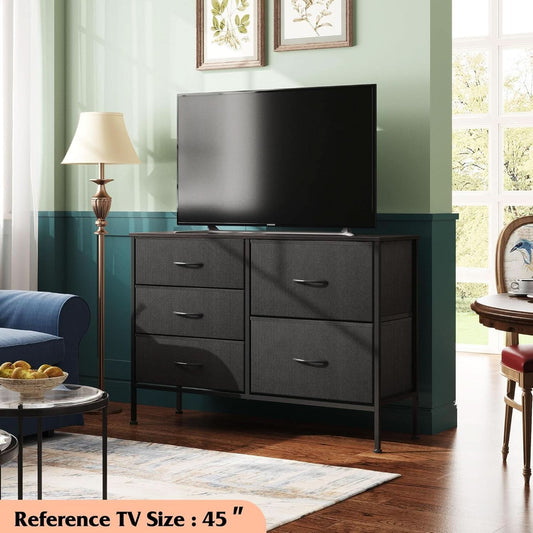 Charcoal Black Fabric Dresser With 5 Drawers For Bedroom Storage-1