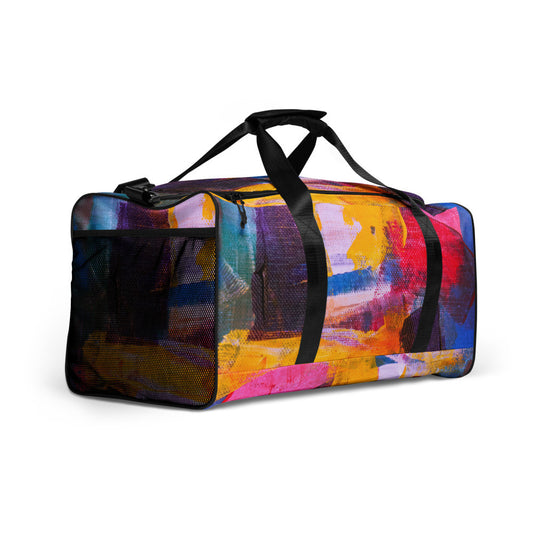 Aysire Gianneli Colours Travel Duffle Bag with adjustable padded strap, showing vibrant multicolor fabric and sturdy handles.
