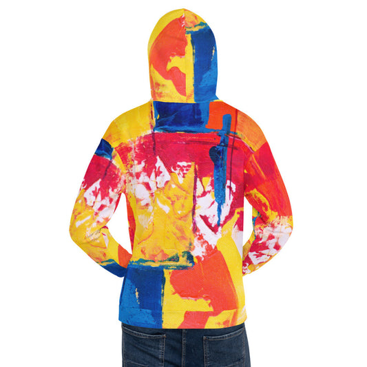 Unisex fleece hoodie by Aysire with a vibrant print, featuring a comfortable fit and colorful design for casual wear.