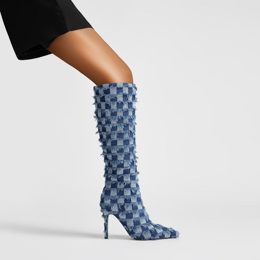 Frayed Checkered Blue Denim Knee High Boots-1