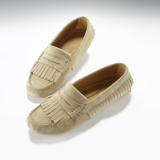 Women's Fringed Driving Loafers, taupe suede-1