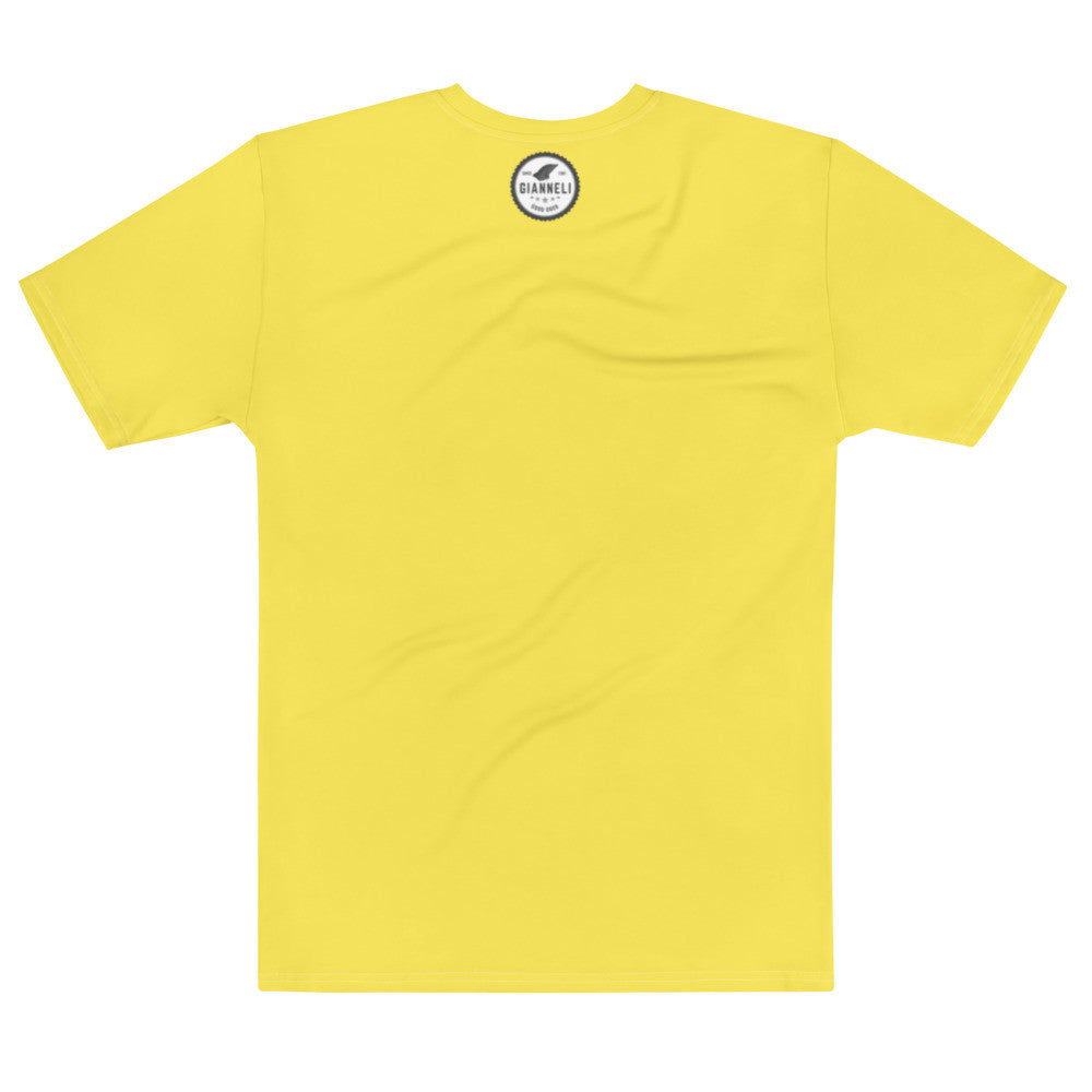 Aegean Waves men's jersey tee, yellow ground with a framed blue and white painting on the chest.
