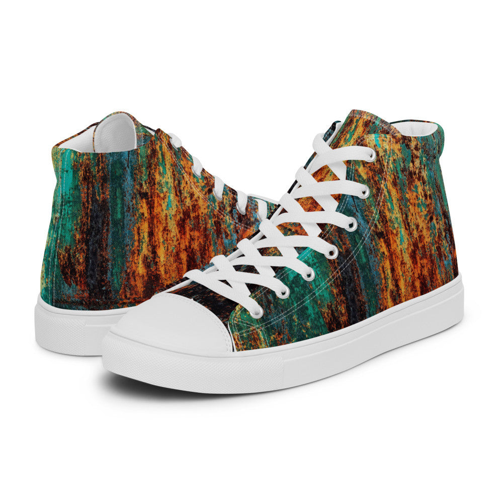 Men's Clochard Grunge high top canvas sneaker in green, teal and rust weathered print.