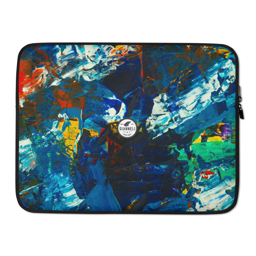 Neoprene laptop sleeve in a blue and white painting, with a faux fur lining inside.