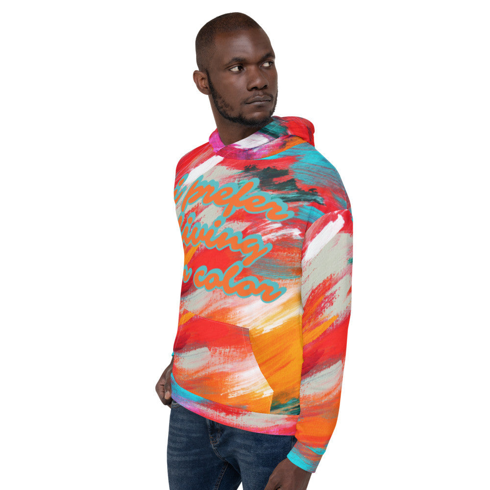 Unisex fleece hoodie in coral and teal brushwork, printed over the body and the hood.