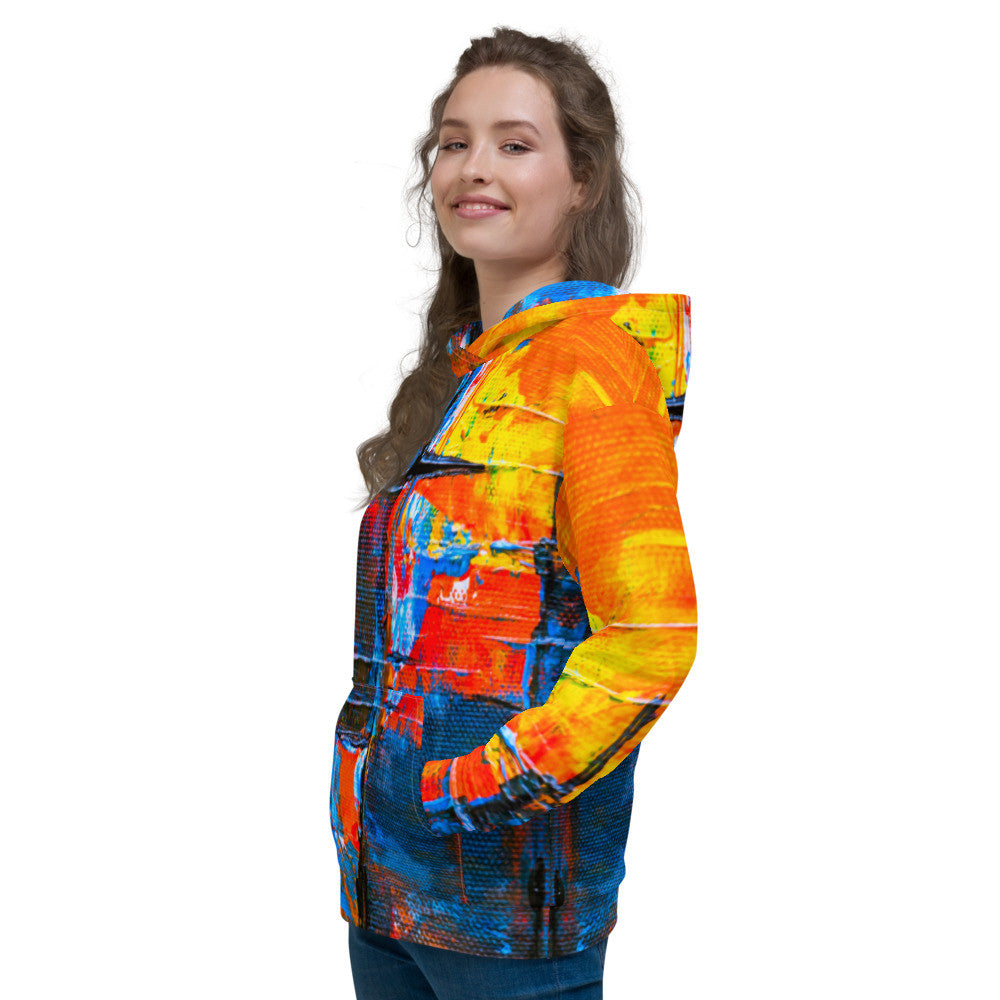 Unisex fleece hoodie in an orange and blue abstract print, with a double-lined hood.