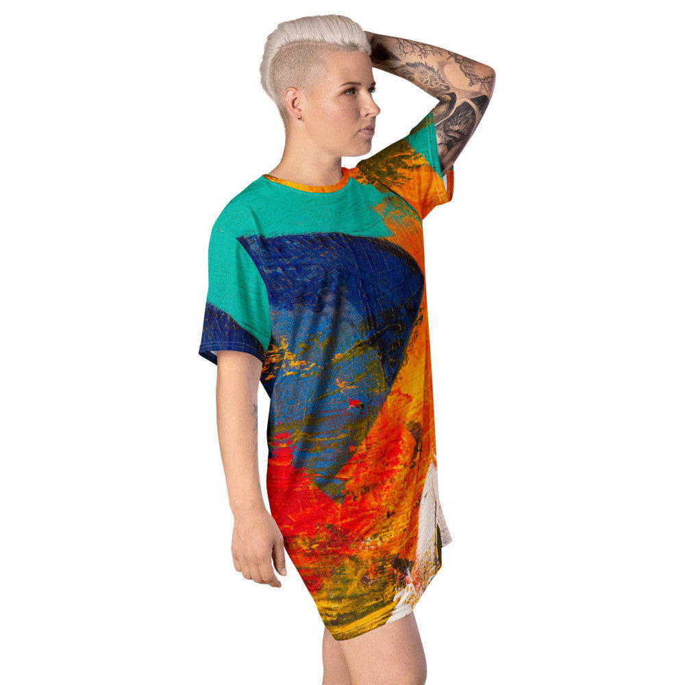 Relaxed T-shirt dress in an orange, teal and navy landscape print, cut with a dropped shoulder.