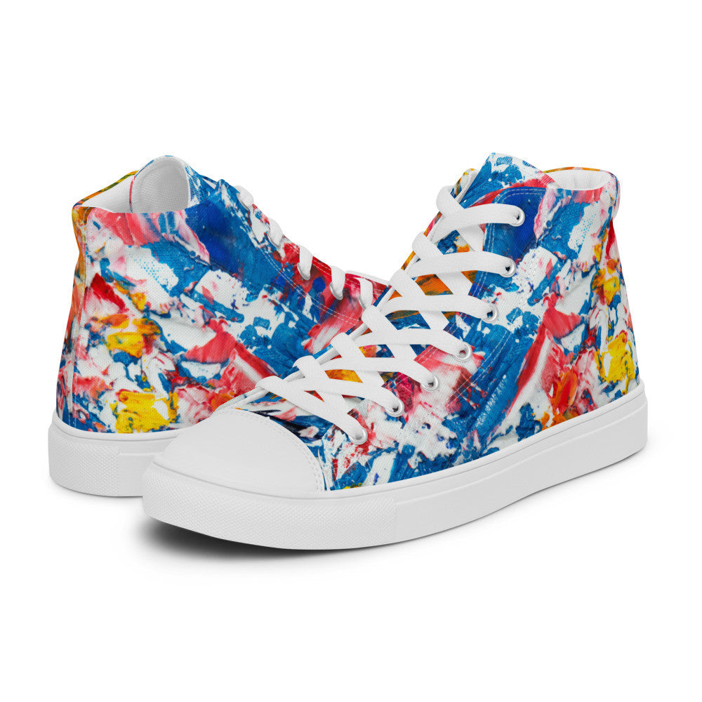 Women's high top canvas sneaker in red, blue and white splashes, with a padded ankle collar.