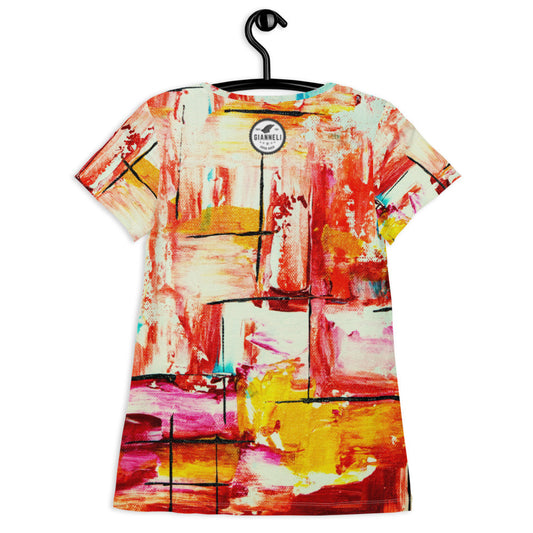 Dance Me women's athletic tee, black dancer silhouette printed over a painted multicolor ground.