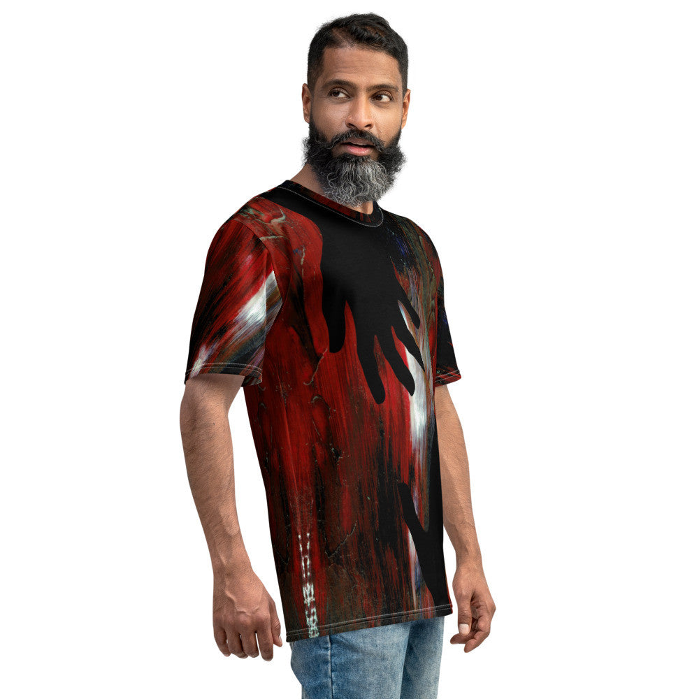 Giving Back men's crew neck tee in a dark painterly wash, printed edge to edge across the garment.