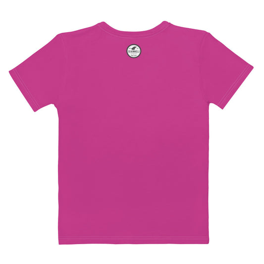 Love Me women's tee in magenta, with a framed portrait and love me lettered underneath it.