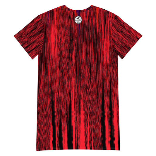 On Fire oversize T-shirt dress in deep red, with the words on fire scripted down the front.