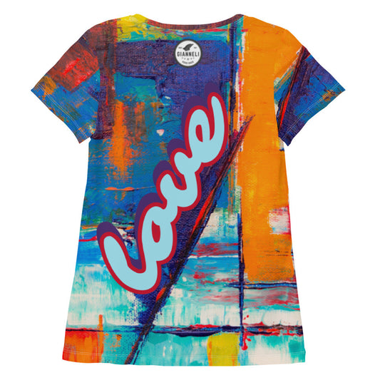 Pure Love women's athletic tee, orange and blue ground with the word pure in pink script.