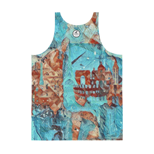Sottosopra unisex tank top in a teal and rust painting, printed edge to edge.