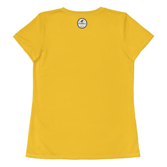The Kiss women's athletic tee, yellow ground with two figures printed at the center of the chest.