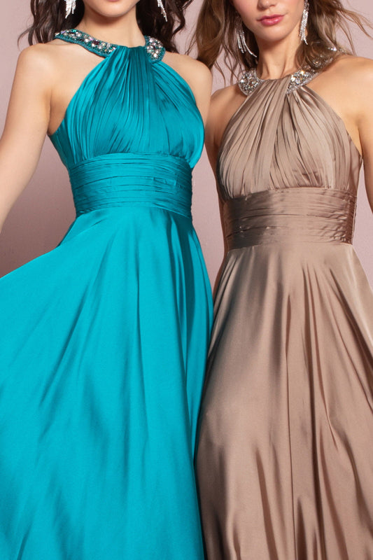 Teal satin halter neck long nightgown with bead detailing and back zipper, sleeveless, elegant A-line design by Tux-USA.