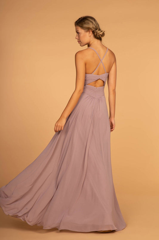 Mauve chiffon ruched bodice long nightgown with spaghetti straps, V-neck, cut-out back, zipper, and A-line silhouette.