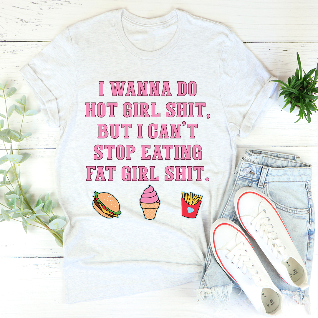 Ash gray cotton tee laid flat, blunt block-letter slogan above burger, ice cream and fries icons.