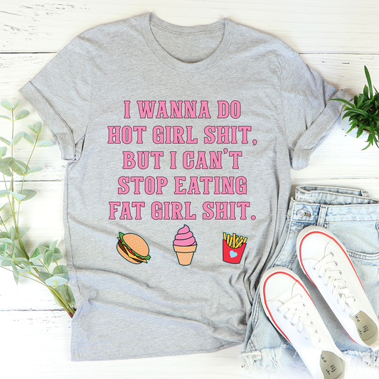 Athletic Heather cotton tee laid flat, blunt block-letter slogan above burger, ice cream and fries icons.