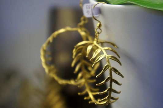 Araucaria Leaf Earrings: Big Silver and Gold Hoops (Handmade, Nature Detail)-1