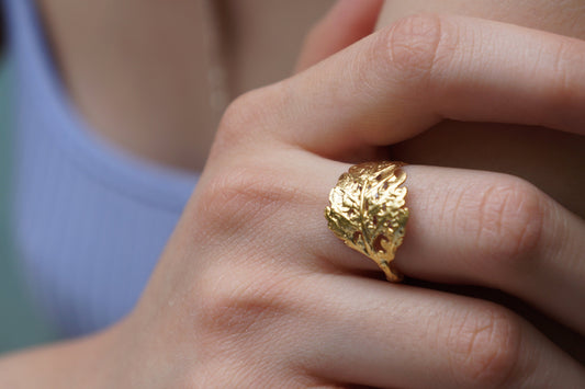 Gold Fern Ring, Gold-Plated Sterling Silver Jewelry, Leaf Fern Ring Band, Gift for Her, Birthday Gift for Women, Handmade Jewelry-1