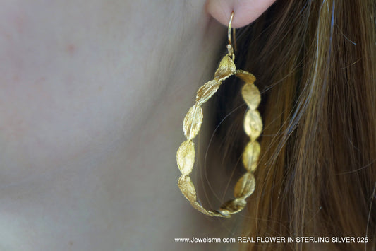 Hoop Earrings: Real Tiny Rose Leaf Detail - 14k Gold Plated Silver-1