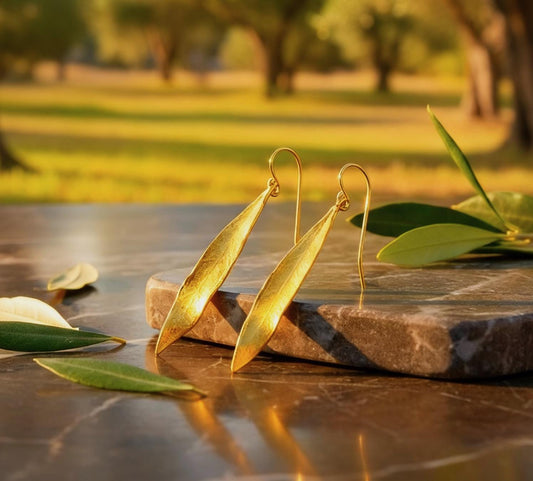 Gold Silver Dangle Earrings, Olive Leaf Earrings, Gold-Plated Sterling Silver Jewelry, Birthday Gift, Gift for Women, Gift for Her, Handmade-1