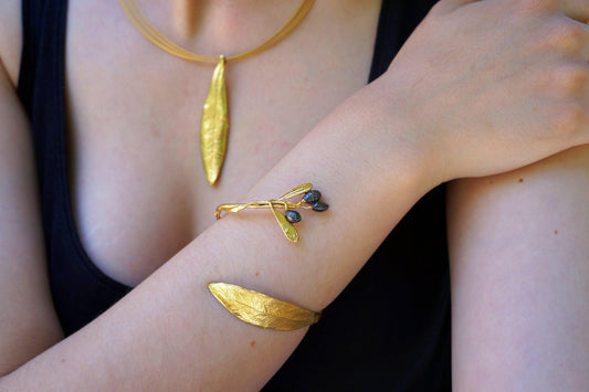 Gold Olive Branch Bracelet, Gold-Plated Sterling Silver Jewelry, Adjustable Cuff, Gift for Her, Birthday Gift for Women, Handmade Jewelry-1