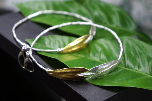 Olive Branch Hoop Earrings: Large Sterling Silver with Gold Leaves-1
