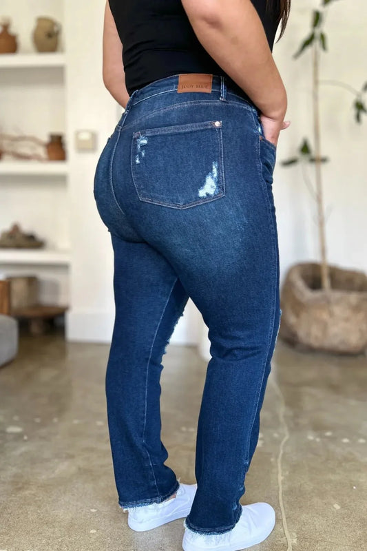 Judy Blue Full Size High Waist Rigid Magic Heavy Destroy Straight Jeans-1