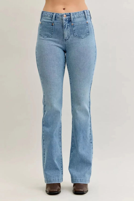 Judy Blue Full Size Mid Rise Bootcut Jeans with Contrast Wash & Front Patch Pockets Plus Size-1
