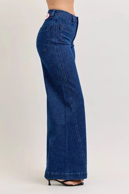 Judy Blue High-Waisted Retro Wide Jeans with Patch Pkts & Twisted Seams-1