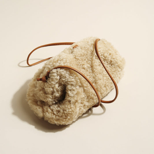 Cream Lambswool Dumpling Shoulder Bag – Fluffy Shearling Crossbody with Adjustable Leather Straps-1