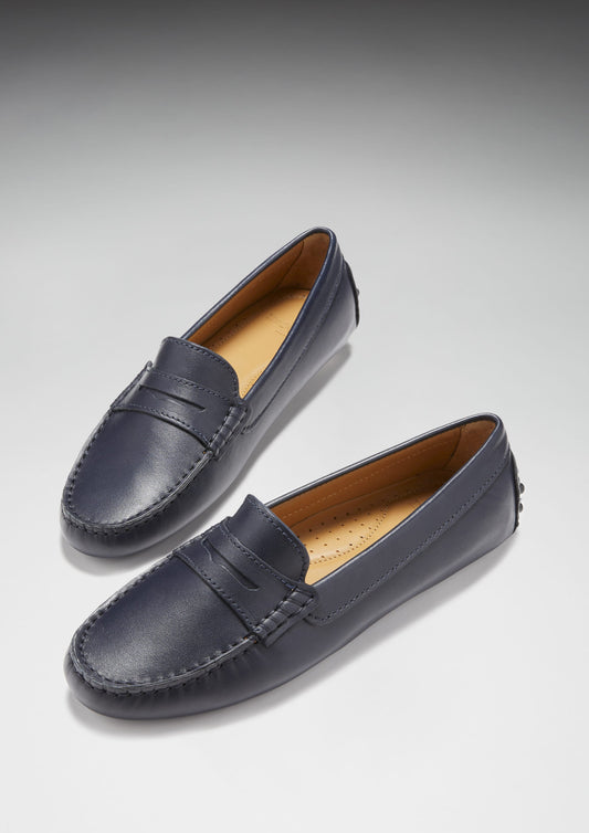 Women's Penny Driving Loafers, navy blue leather-1
