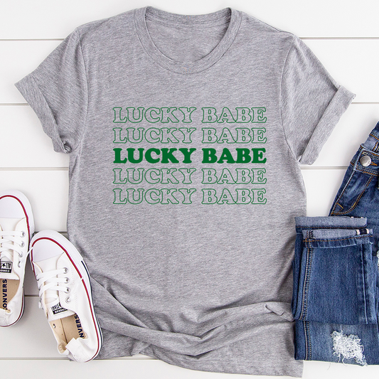 Gray Lucky Babe soft cotton graphic T-shirt, printed design on the front.