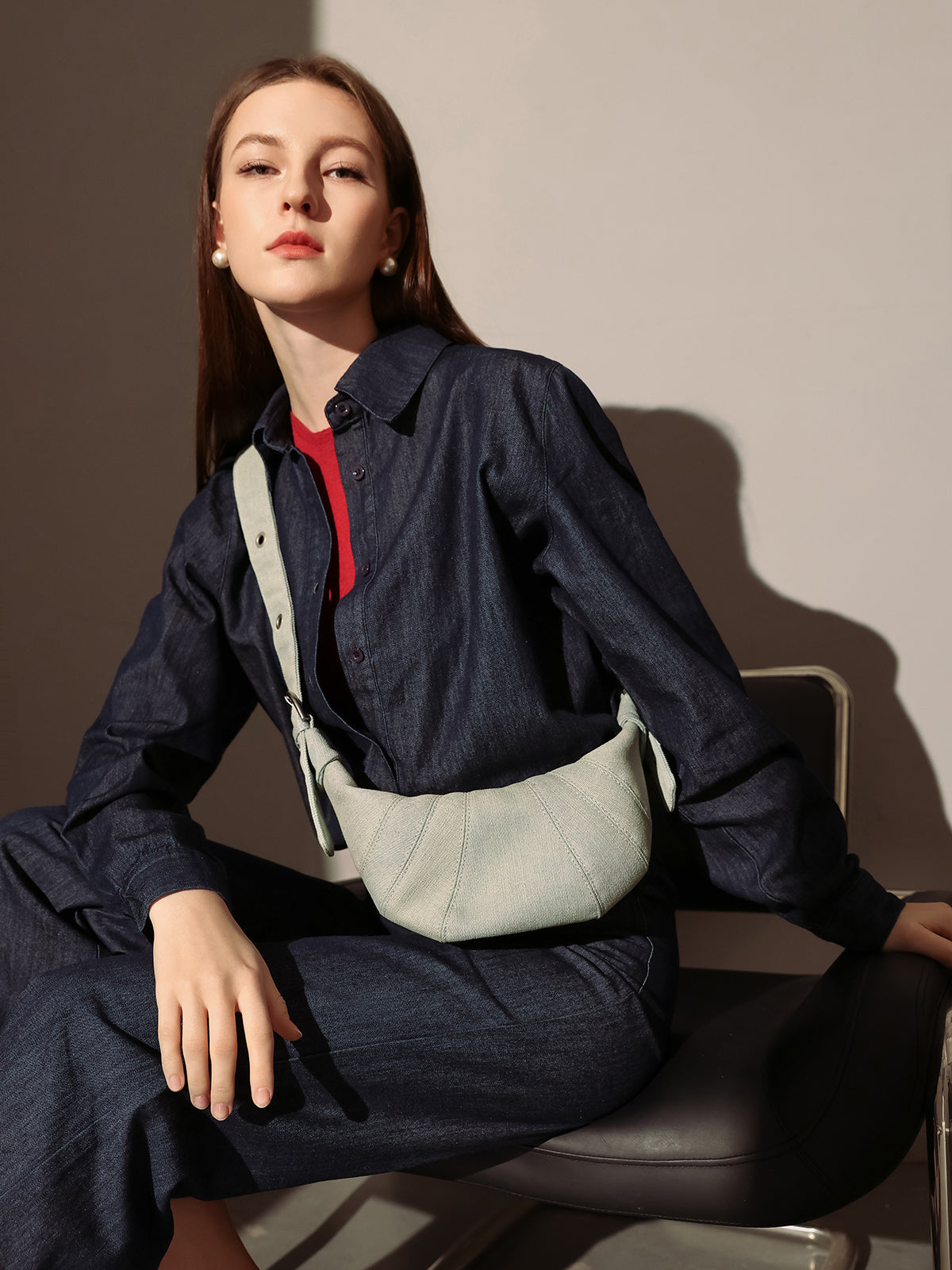 Luna Denim Crescent Shoulder Bag – Sculptural Y2K Hobo Bag with Adjustable Grommet Strap-5
