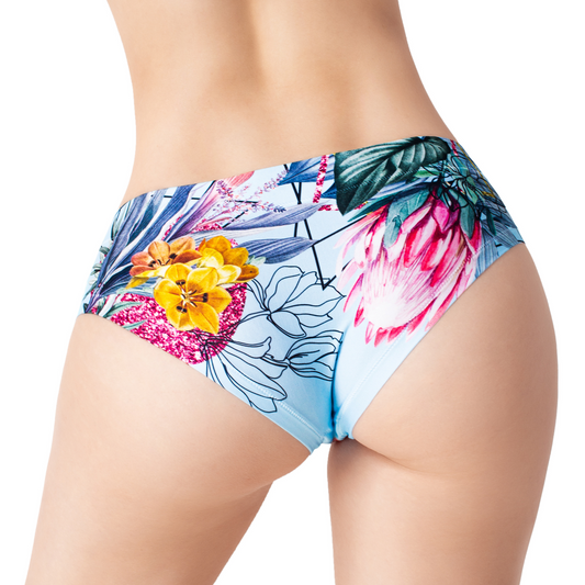Back view. Secret Garden Blue panty by Mememe, a blue botanical print across the seat
