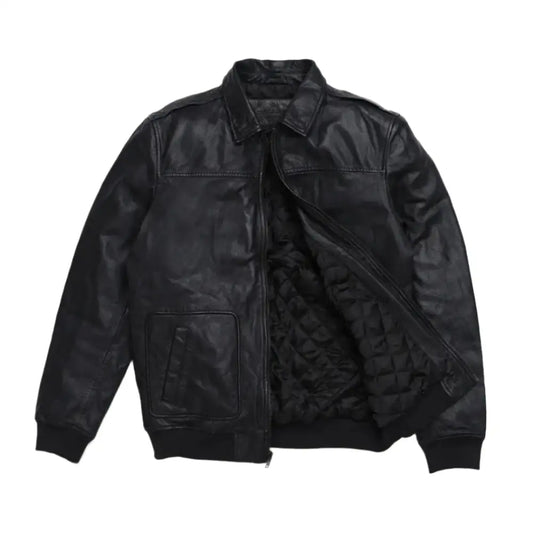 Mens Black Aviator Sheepskin Leather Bomber Jacket
