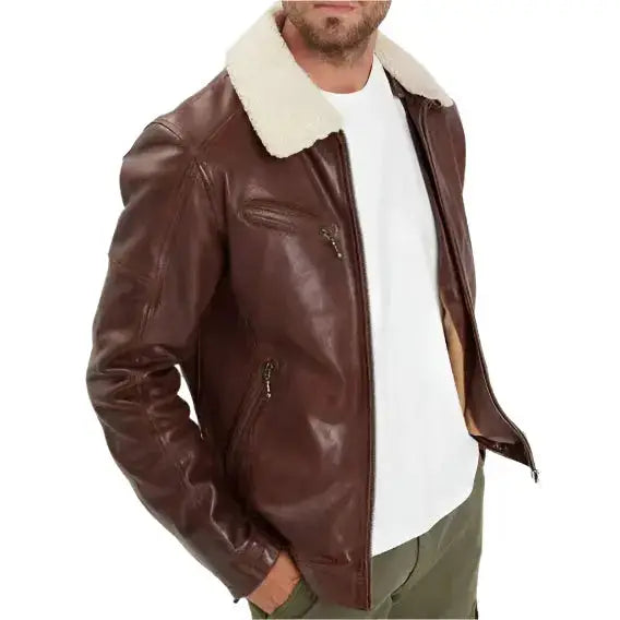 Men’s Brown Lambskin Leather Jacket with Faux Fur Collar-2