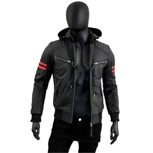 Men's Black Café Racer Leather Jacket with Removable Hood-1