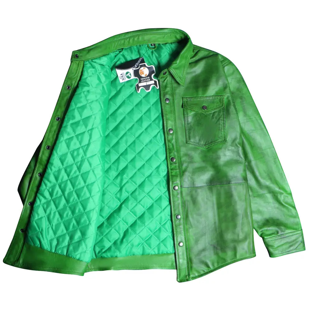 Men's Green Lambskin Leather Shirt-2