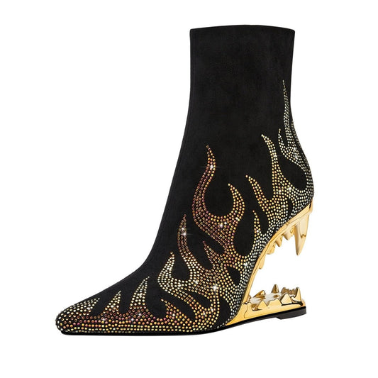 Metallic Flaming Down Bite Heel Black Ankle Boots-1