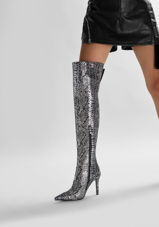 Mysterious Black Python Stiletto Knee High Boots-1